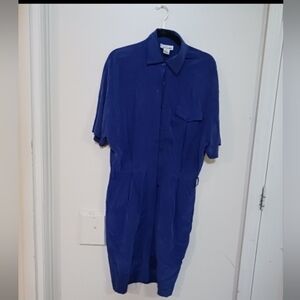100% Dress Silk Blue Button Down Size 6 Pockets Midi